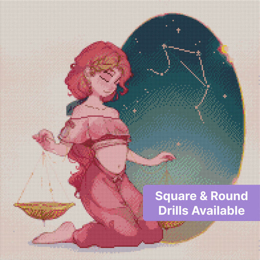 Illustrated Libra zodiac girl with golden scales and a starry teal constellation background