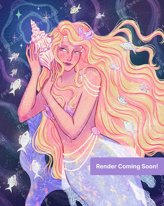 Fantasy mermaid with flowing hair, seashell, and fish in pastel underwater style