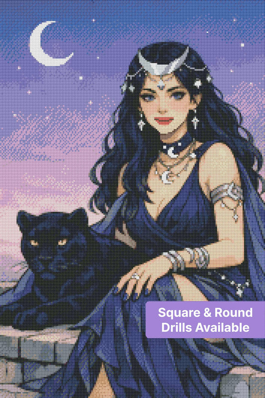 Fantasy moon goddess with black panther, purple sky, and celestial jewelry in anime style