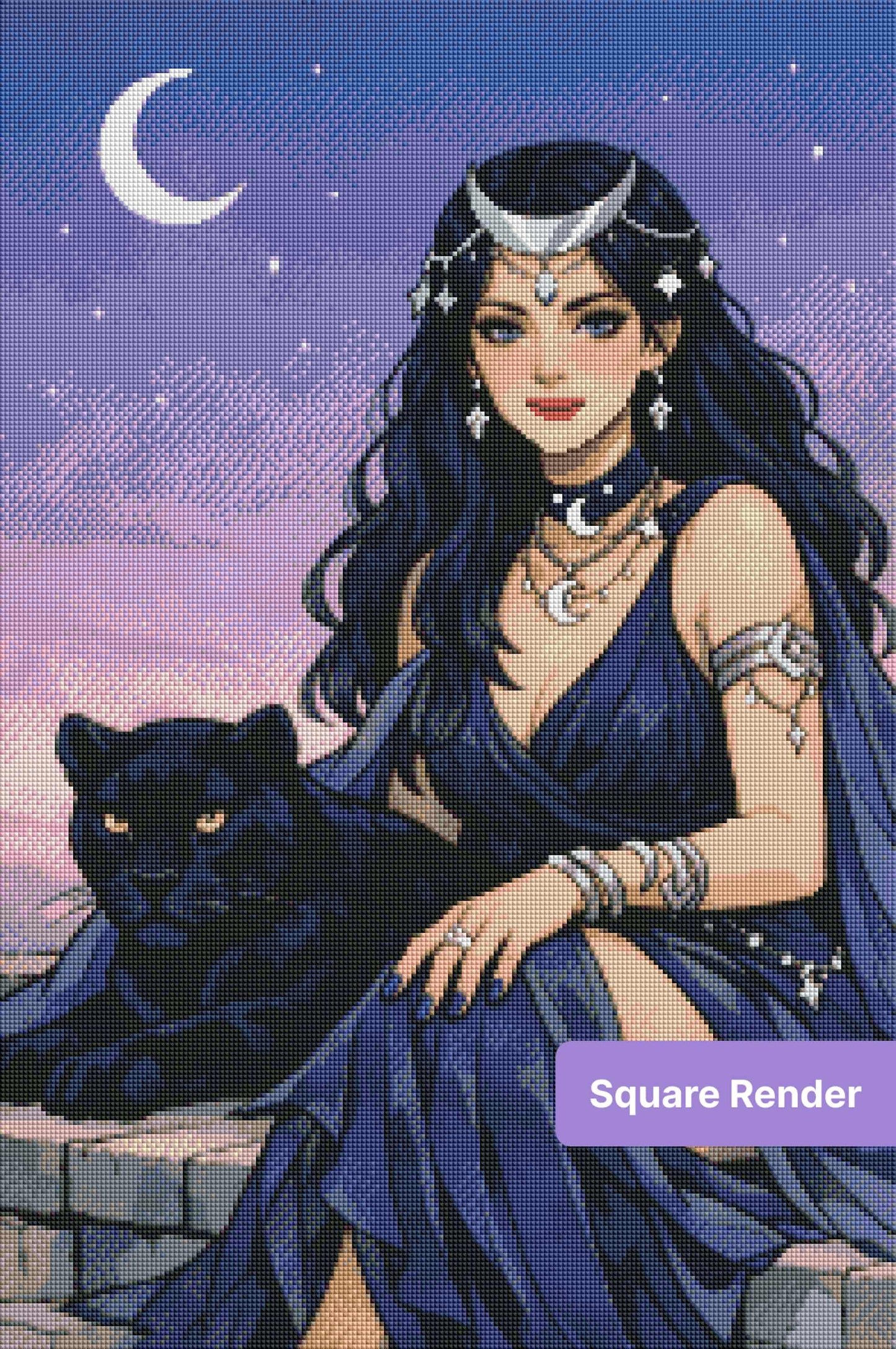 Fantasy moon goddess with black panther, purple sky, and celestial jewelry in anime style