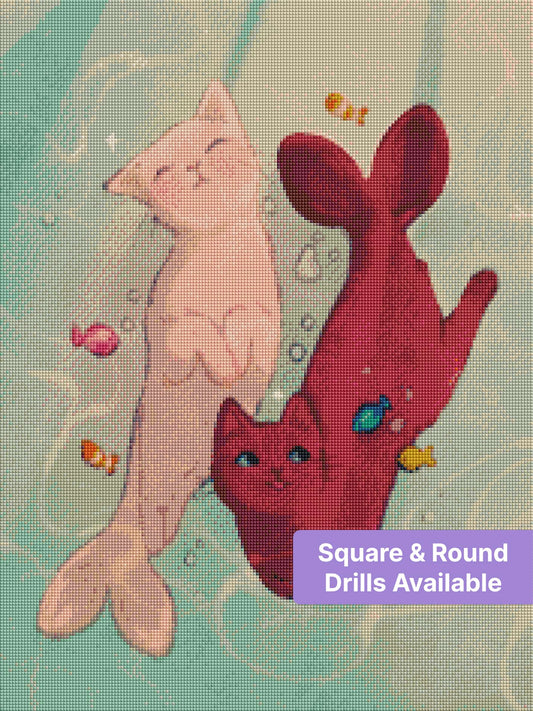 Two cute cats swimming underwater with colorful fish in a whimsical pastel art style