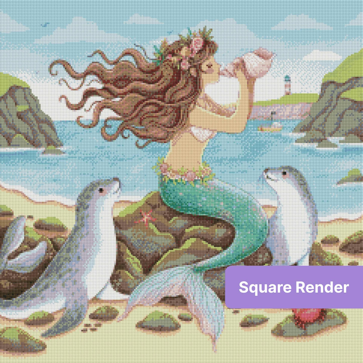 Mermaid with flowing hair and seals on a rocky seaside shore in soft watercolor style