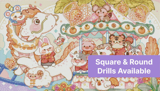 Cute pastel animal carousel with kawaii characters, hearts, flowers, and a dreamy fairground theme