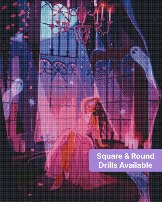 Gothic ghost girl in pink gown with glowing candles and haunted purple windows