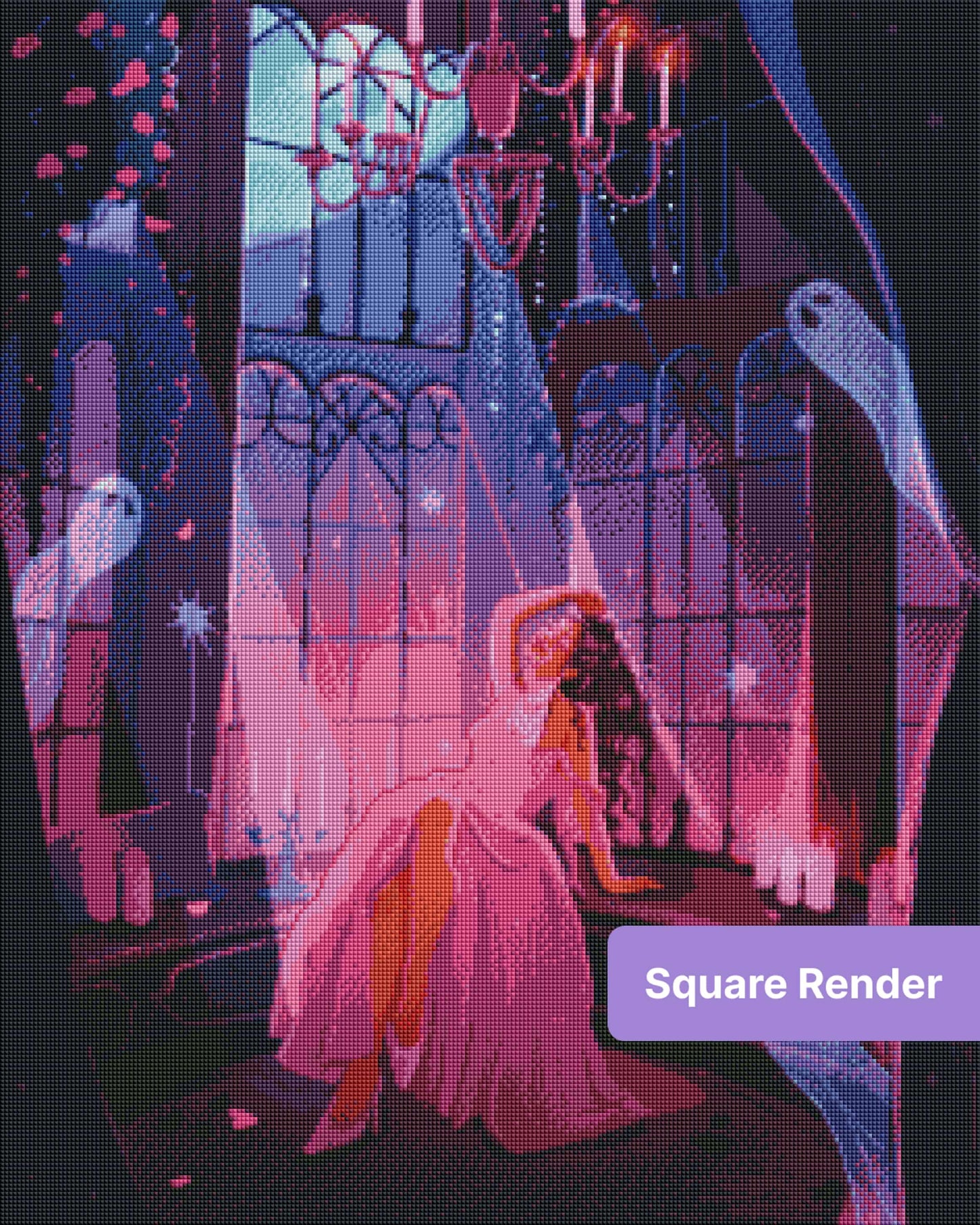 Gothic ghost girl in pink gown with glowing candles and haunted purple windows