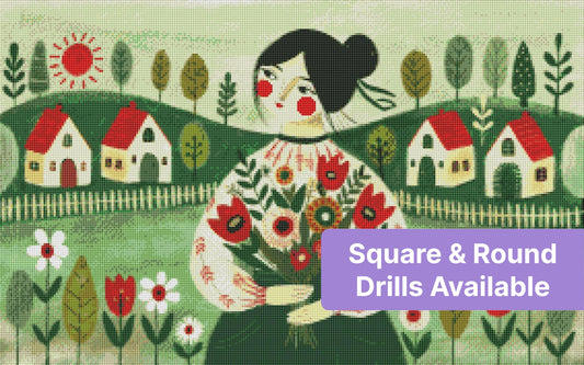 Folk art girl holding flowers in a whimsical village landscape with red-roofed houses and green hills