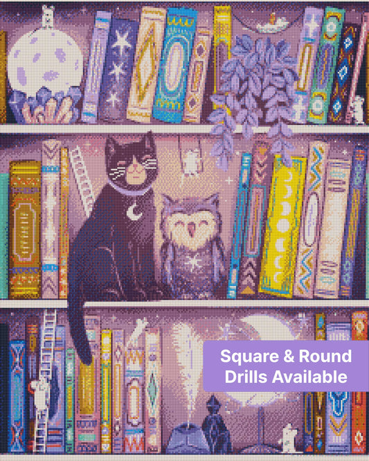 Whimsical moonlit bookshelf with black cat, owl, crescent moons, and pastel decorative books