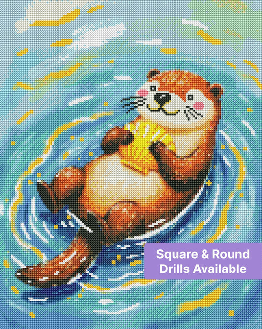 Cute otter holding a yellow seashell in swirling blue water, whimsical painted style