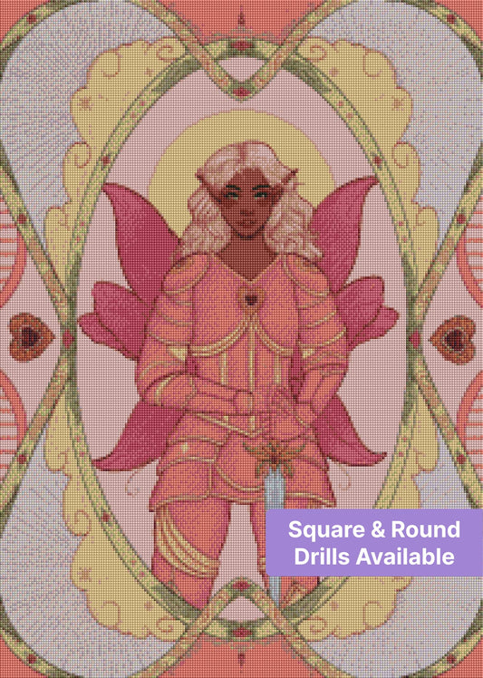Fantasy elf warrior in pink armor with ornate floral framing and pastel decorative details