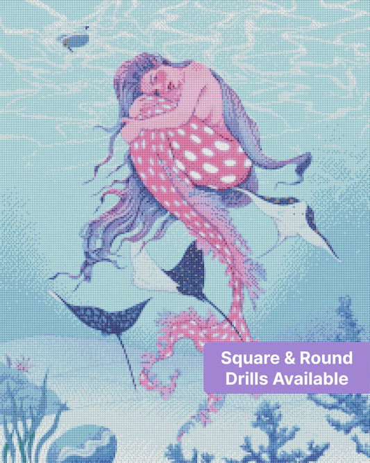 Fantasy mermaid surrounded by ocean rays, coral, and soft blue underwater scenery