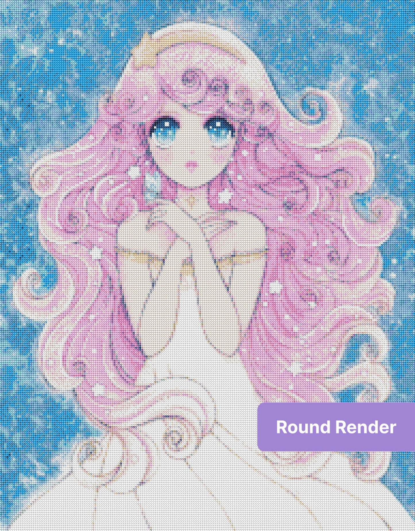 Anime-style pink-haired fairy princess with starry eyes on a blue magical background