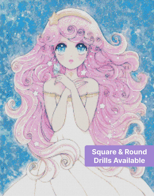 Anime-style pink-haired fairy princess with starry eyes on a blue magical background