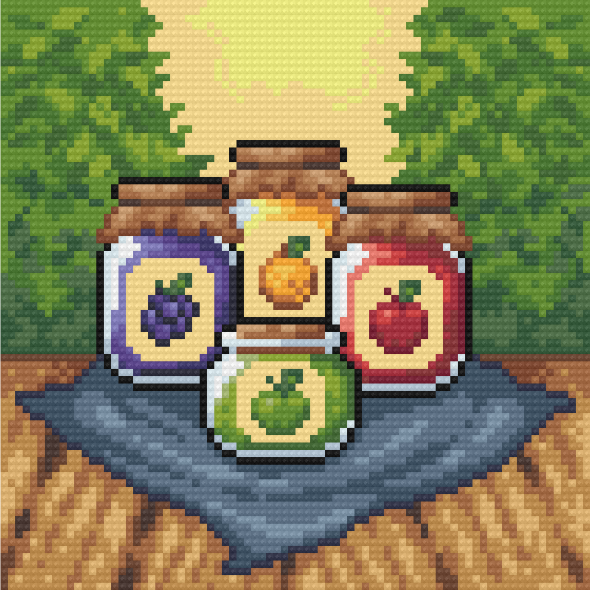 Diamond painting of fruit jars and basket in a rustic still-life arrangement