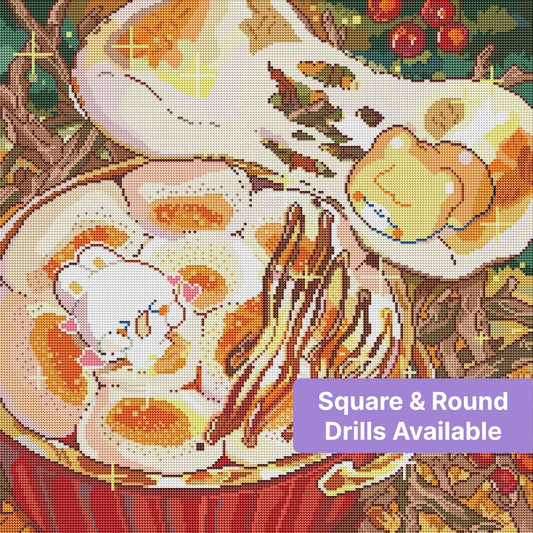 Cute cartoon mushroom dessert with bear character, warm autumn colors, and sparkling whimsical details