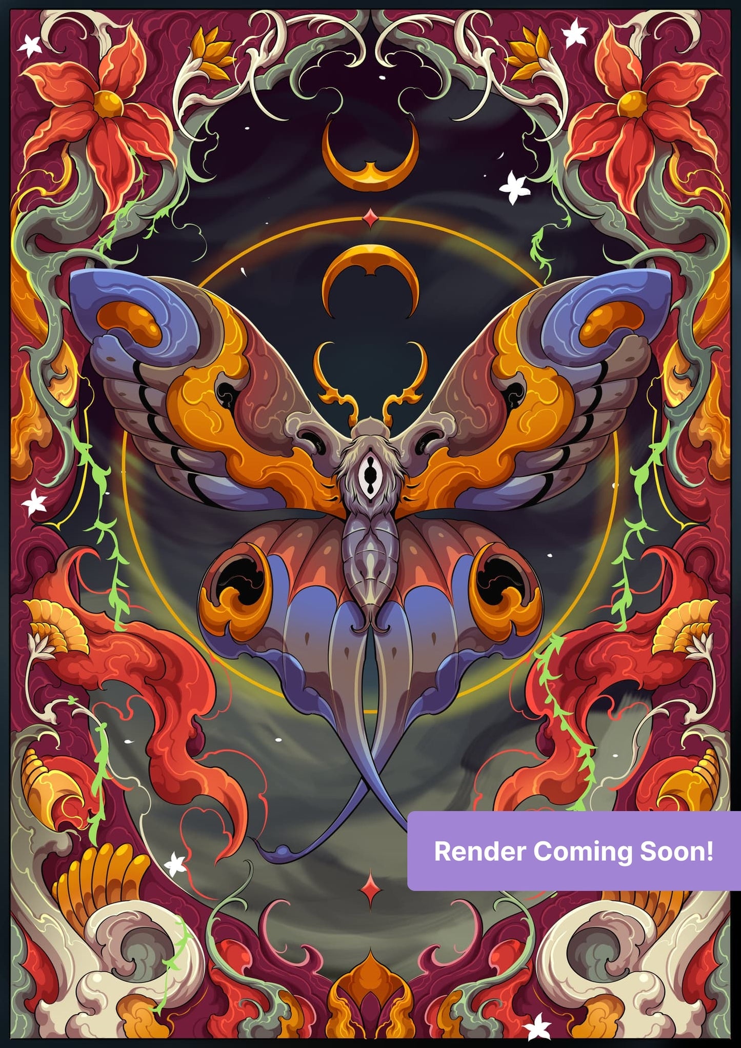Colorful luna moth with floral gothic ornamentation and celestial accents