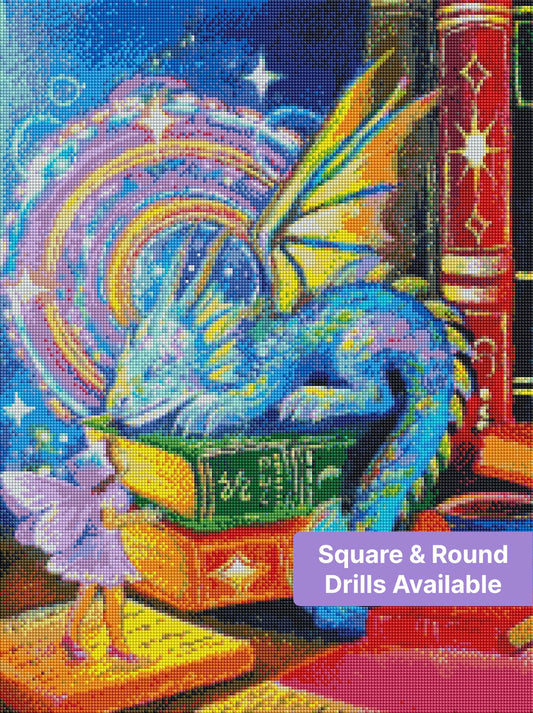 Colorful dragon resting among glowing books with a magical orb and fantasy sparkles