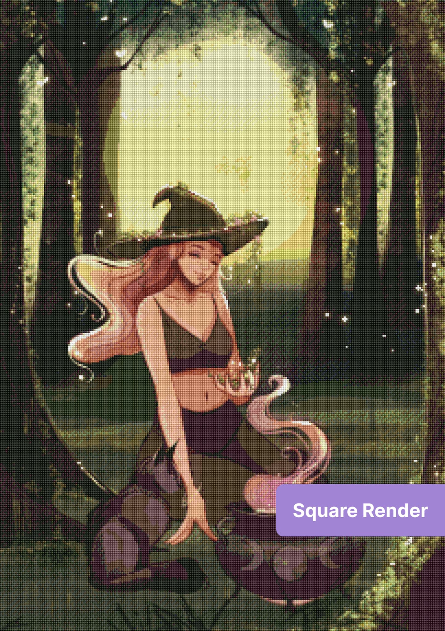 Fantasy witch in a glowing forest beside a cauldron, with pink hair and soft magical lights