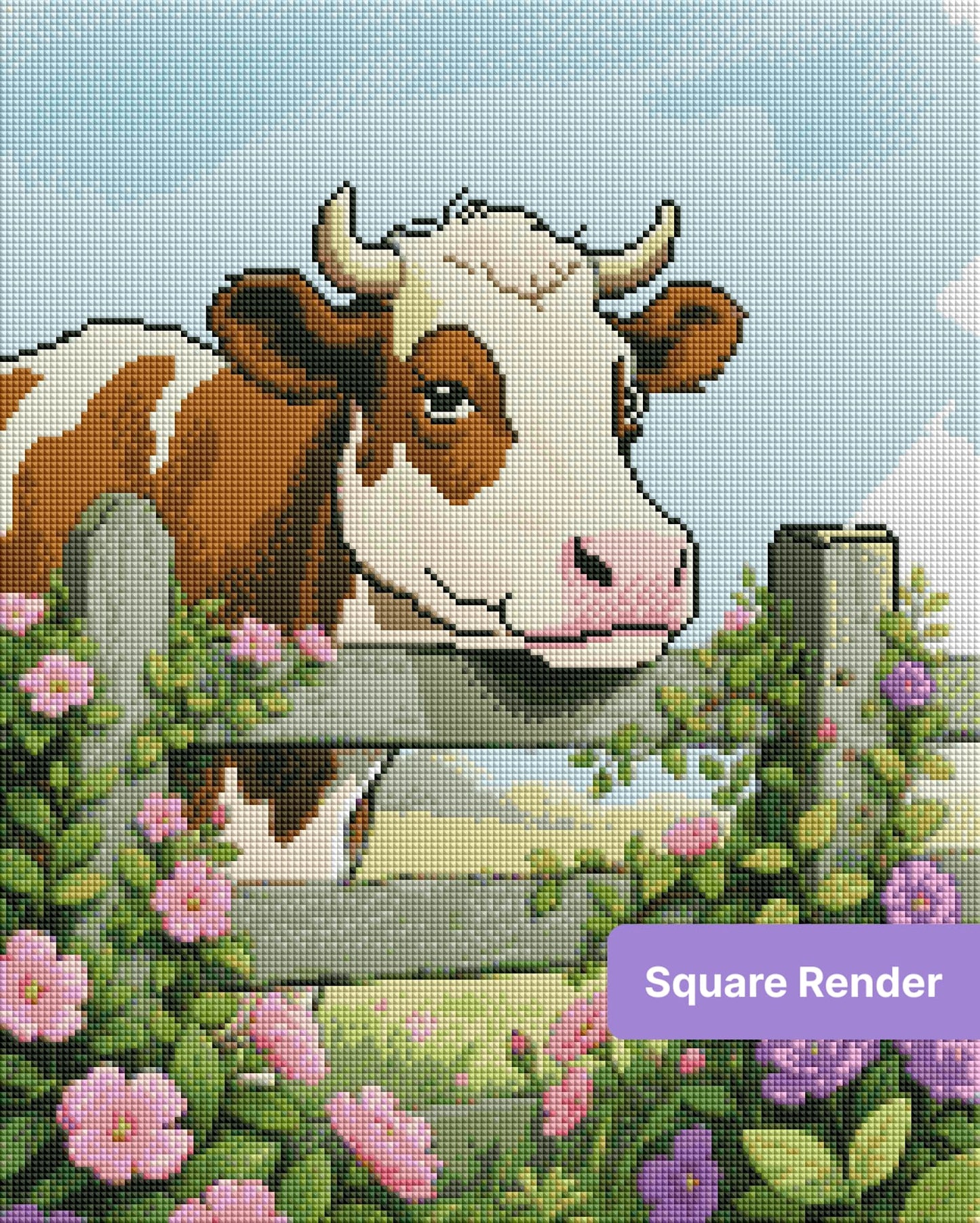 Cute brown and white cow behind a flower-covered wooden fence in a soft watercolor style