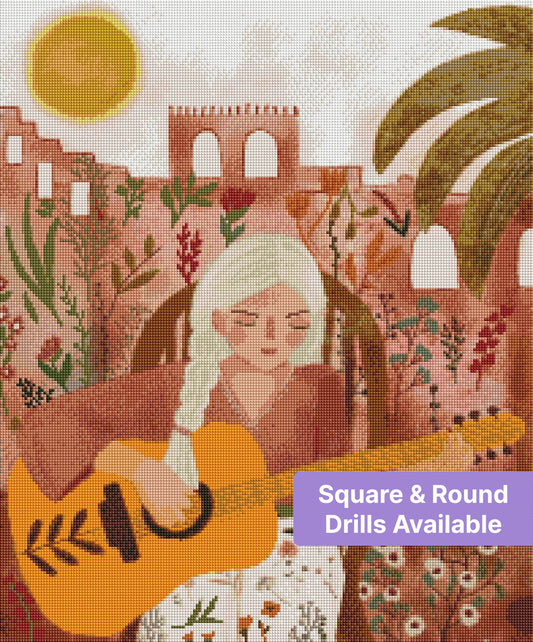 Boho girl playing guitar among flowers with warm terracotta buildings and sunlit earthy tones