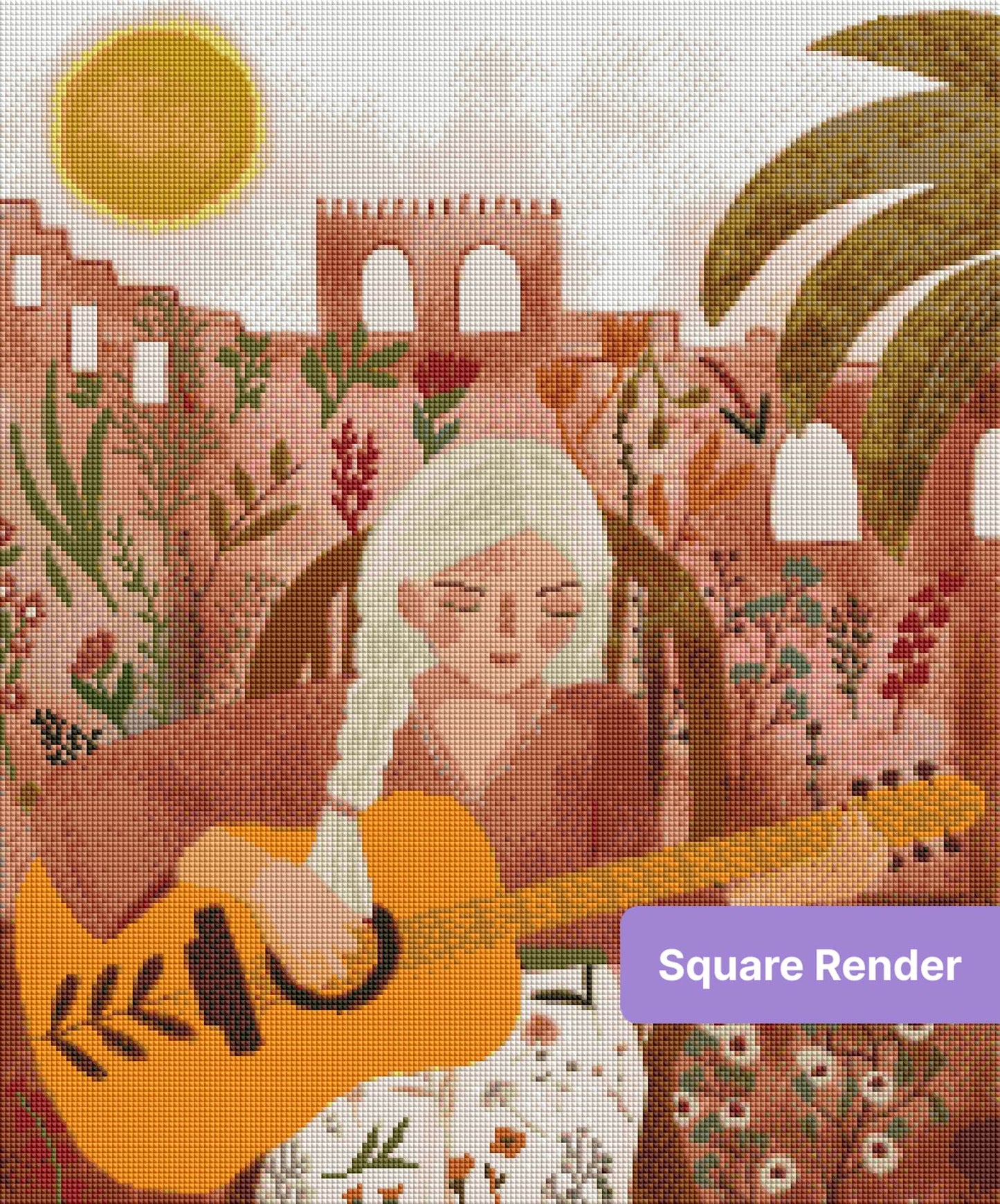 Boho girl playing guitar among flowers with warm terracotta buildings and sunlit earthy tones