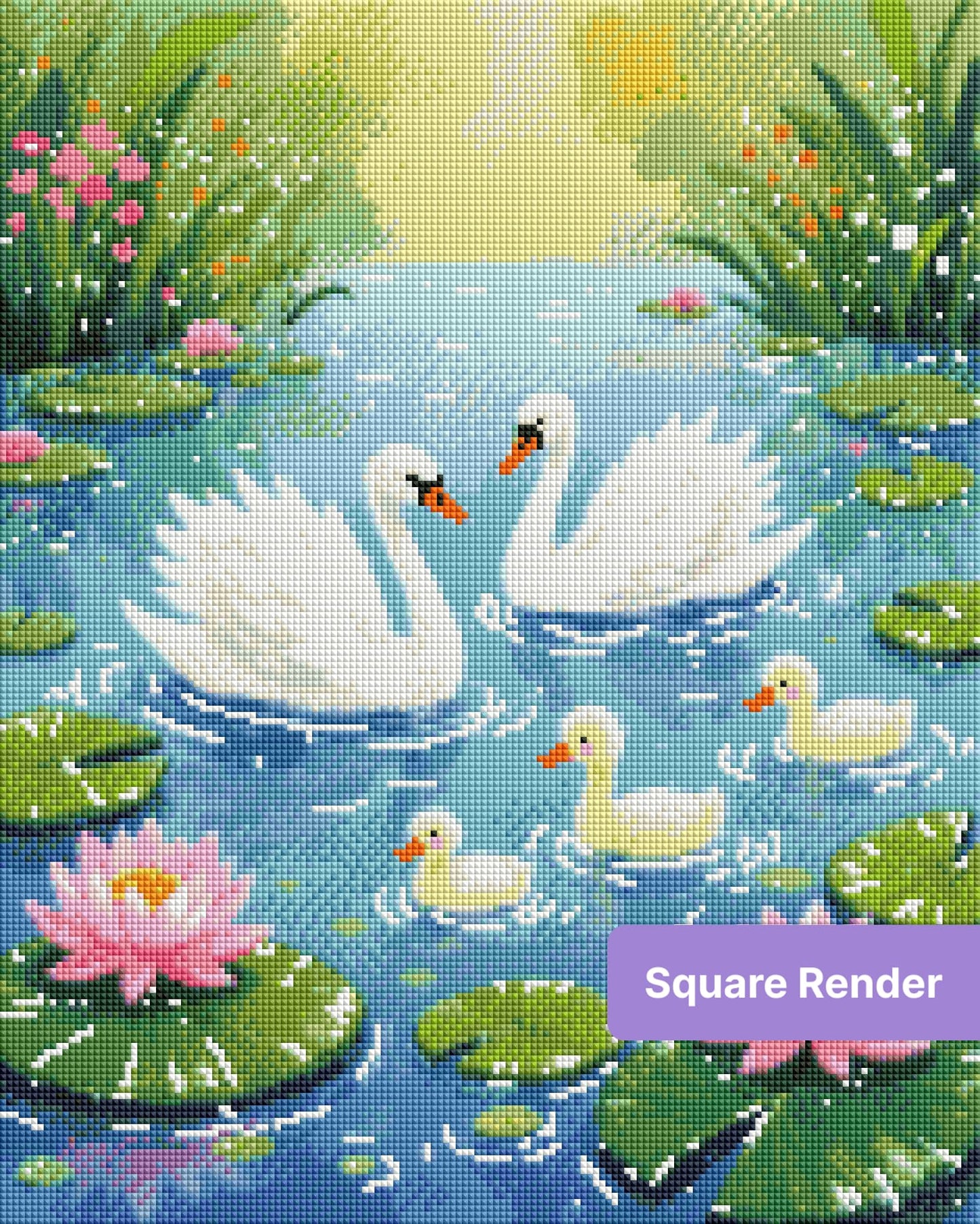 White swans and ducklings floating in a pastel lily pond with pink flowers and green lily pads