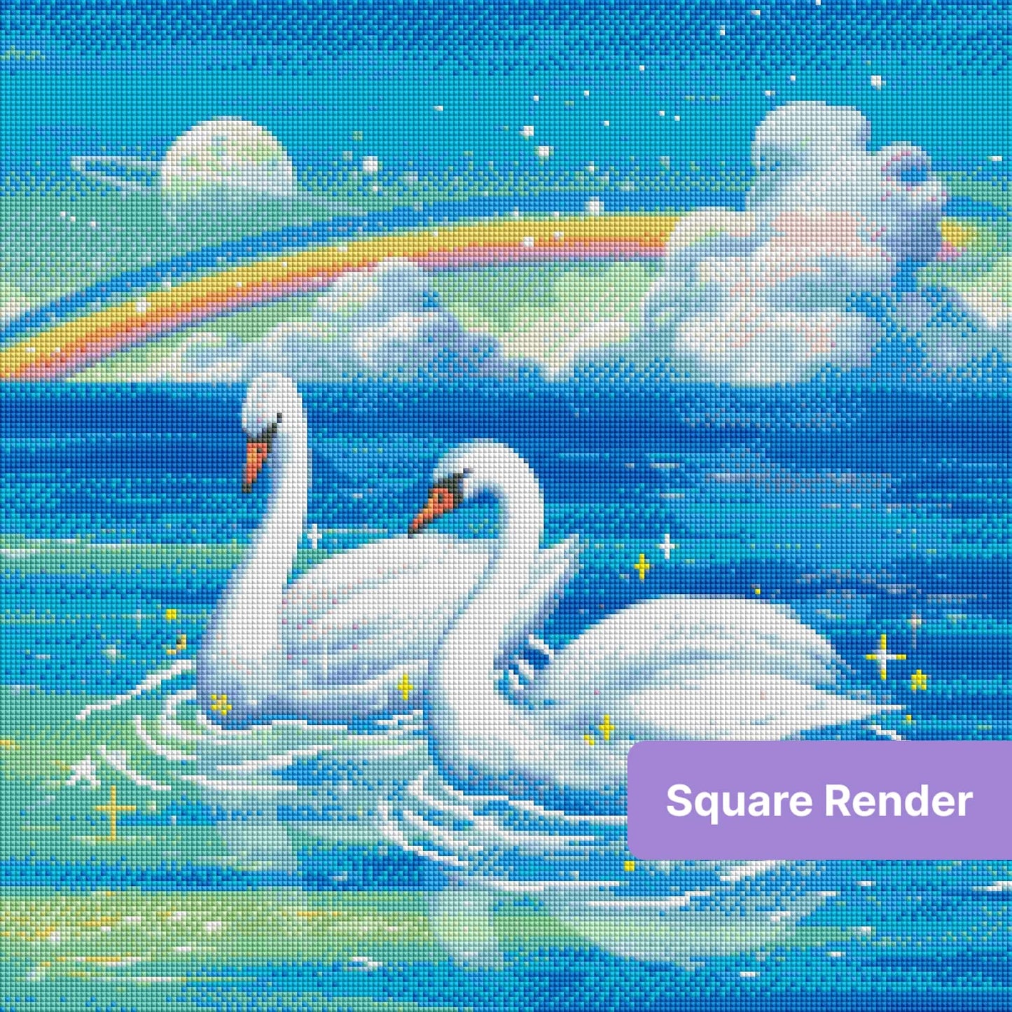 Two white swans on a sparkling ocean beneath a rainbow in a fantasy sky