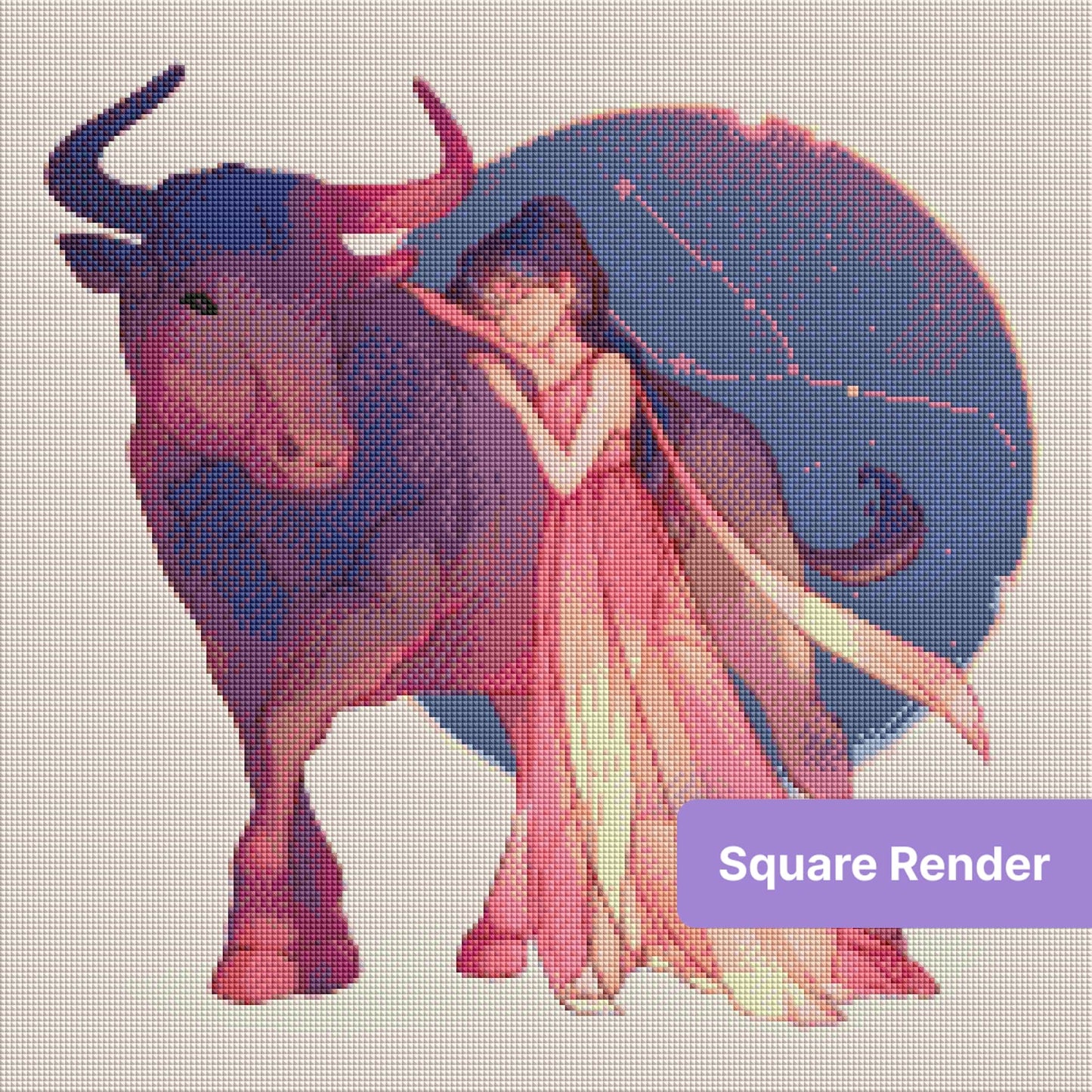 Fantasy girl in flowing dress beside a bull with celestial night backdrop