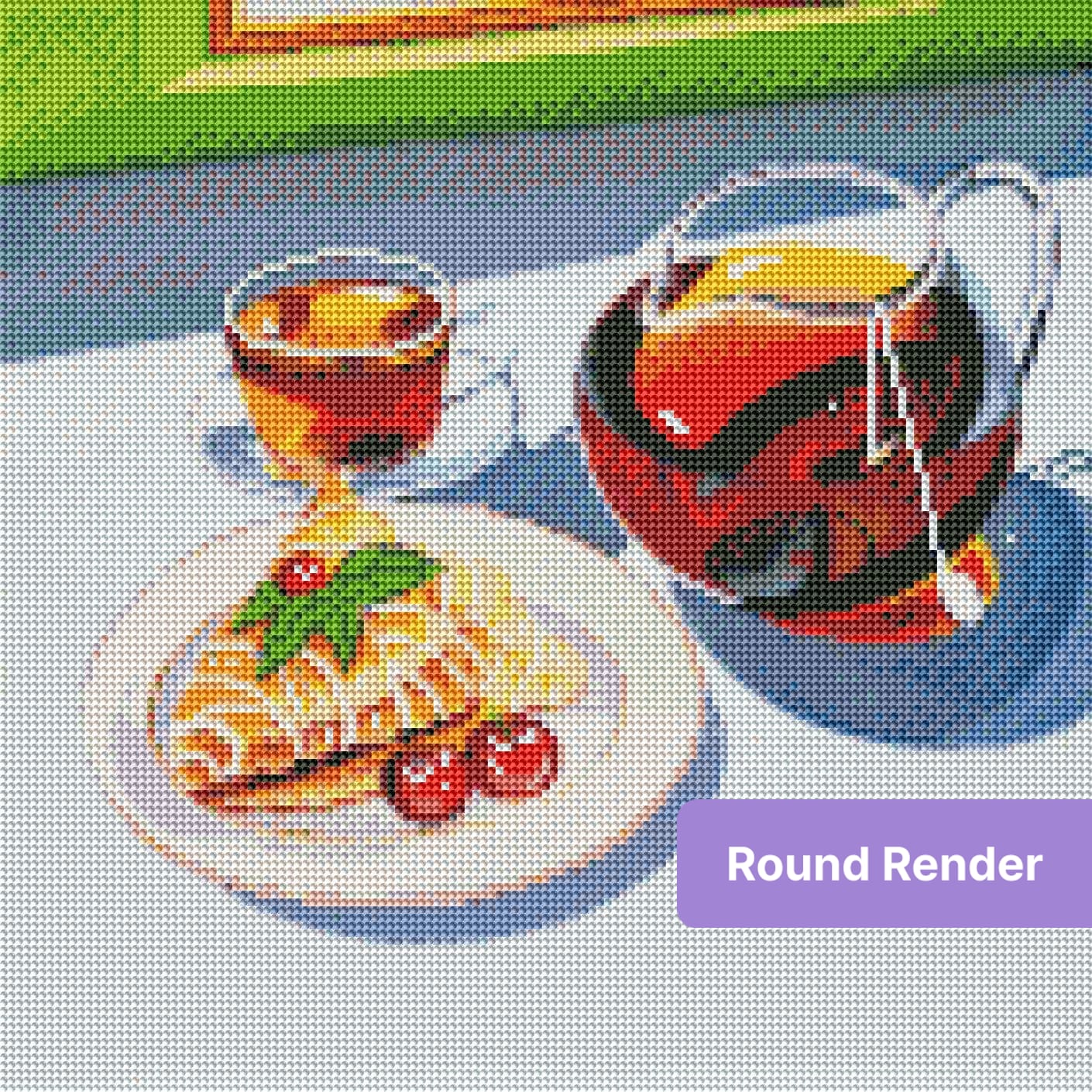 Still life of tea, teapot, and dessert with cherries in a vibrant painted style