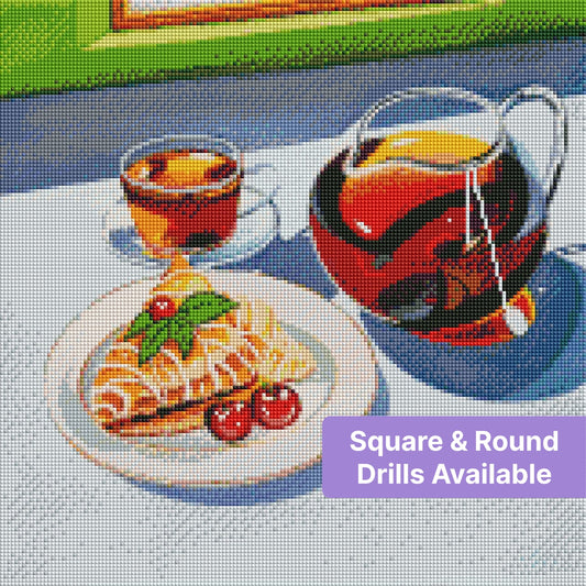 Still life of tea, teapot, and dessert with cherries in a vibrant painted style