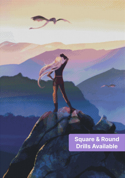 Fantasy dragon rider standing on a mountain peak under a glowing sunrise sky