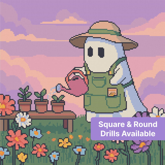 Cute garden gnome watering flowers in a pastel sunset diamond art style