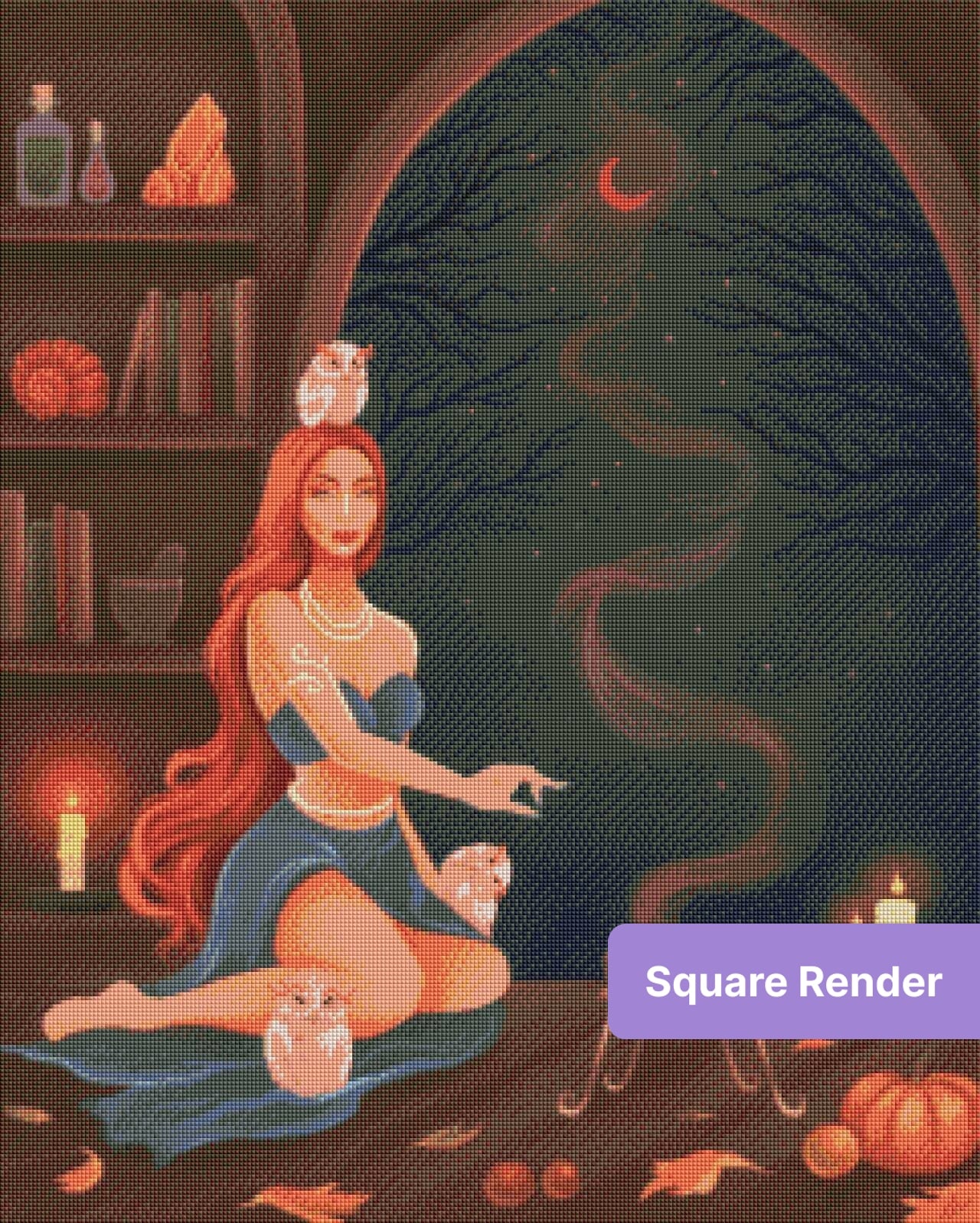 Fantasy woman with owls, candles, and moonlit gothic autumn decor