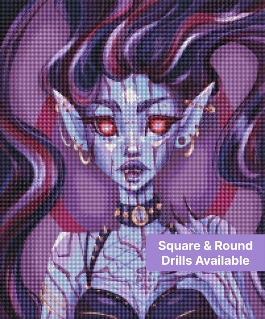 Gothic vampire demon woman portrait with glowing red eyes, dark purple hair, and gold piercings