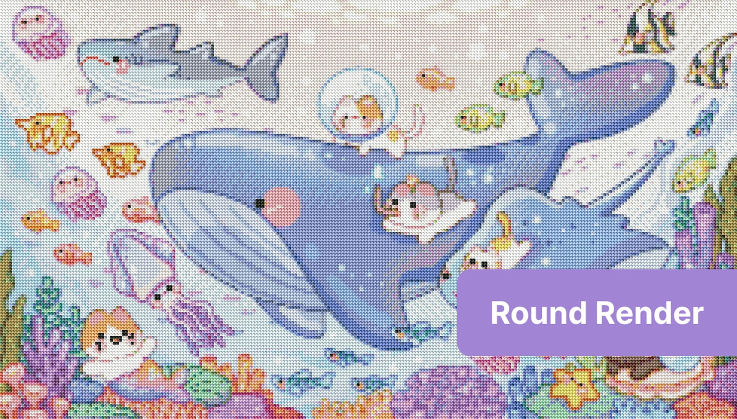 Cute pastel underwater whale scene with cartoon sea animals and coral reefs