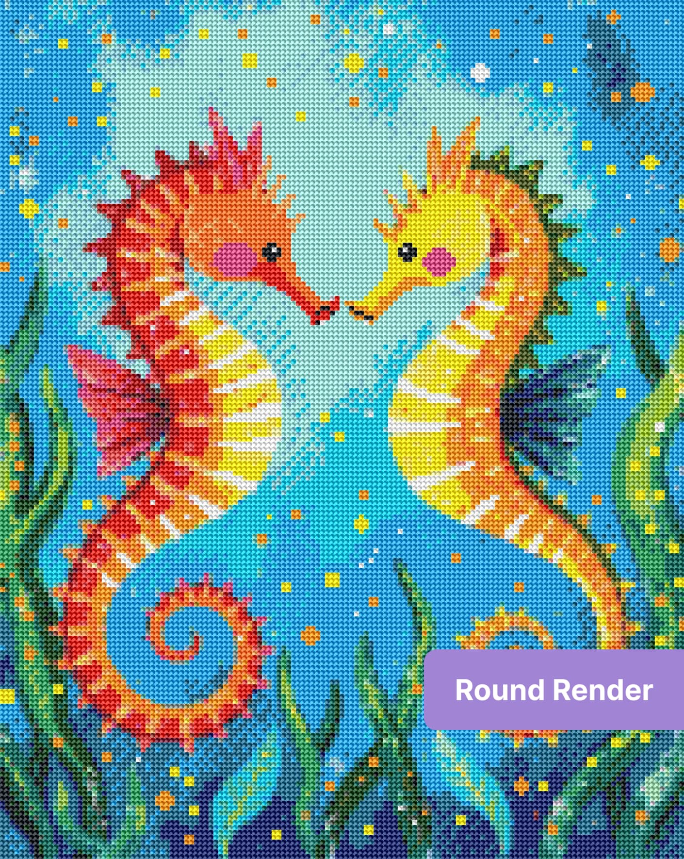Two colorful seahorses in a whimsical underwater scene with bright coral and sea plants