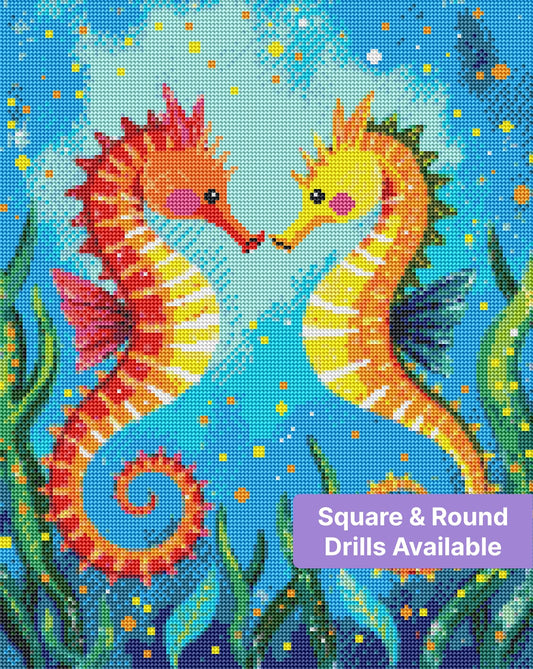 Two colorful seahorses in a whimsical underwater scene with bright coral and sea plants