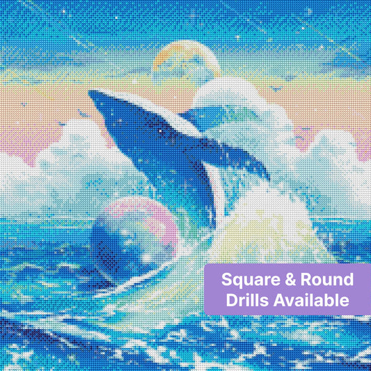 Fantasy whale emerging from sparkling ocean waves under a pastel moonlit sky