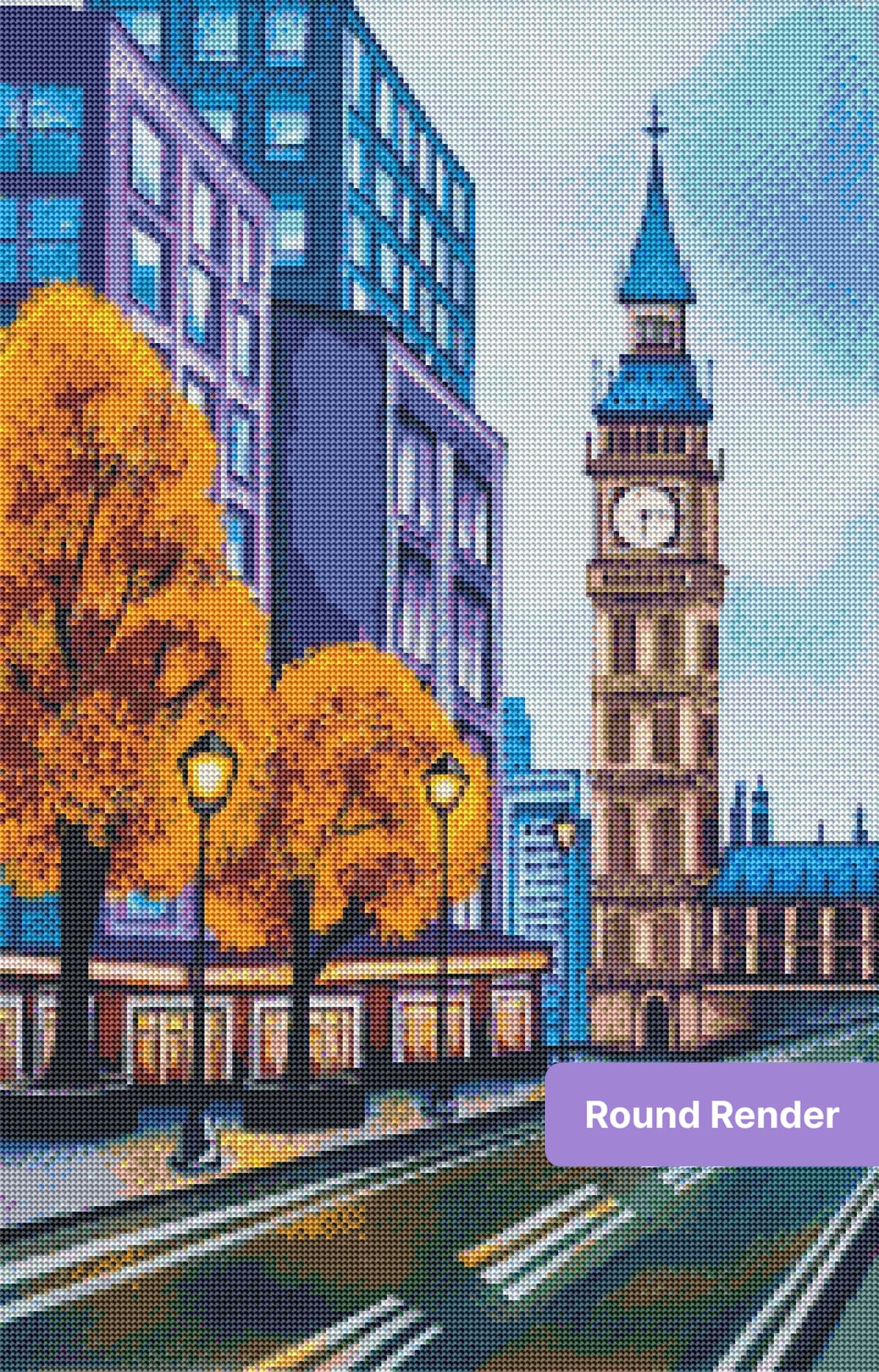 Stylized city street with clock tower, autumn trees, and modern blue buildings