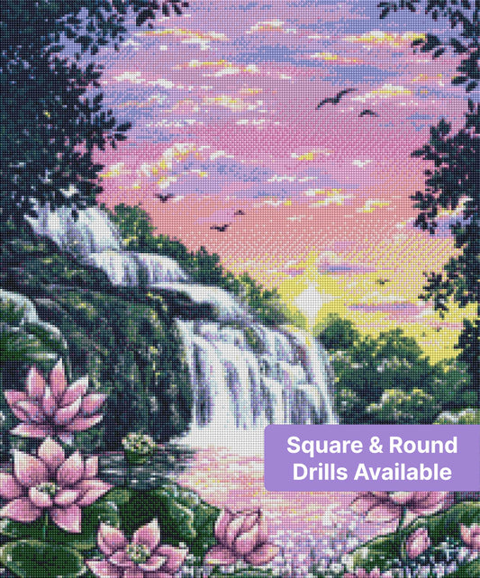 Painted waterfall landscape with pink lotus flowers, tropical leaves, and a pastel sunset sky