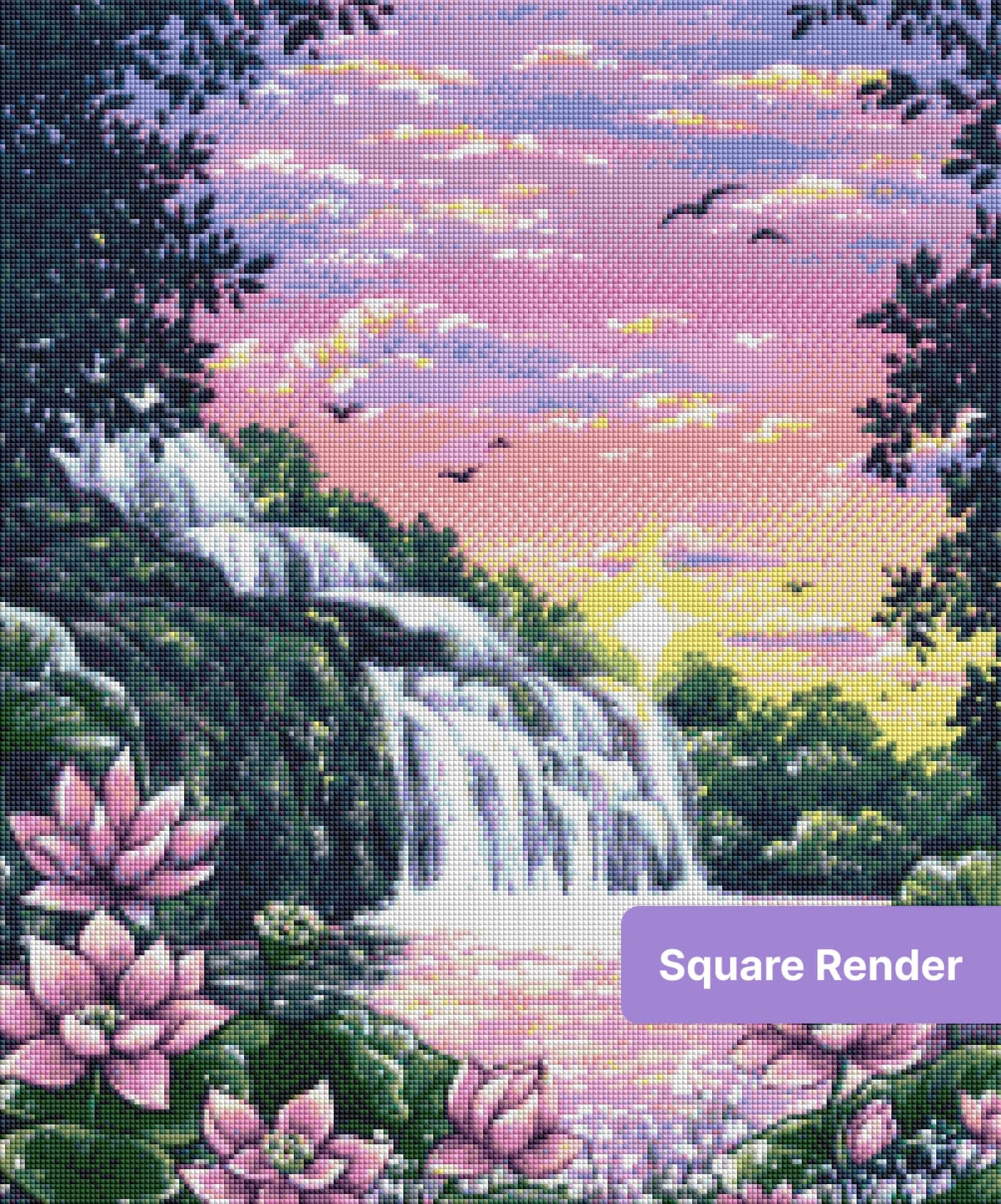Painted waterfall landscape with pink lotus flowers, tropical leaves, and a pastel sunset sky