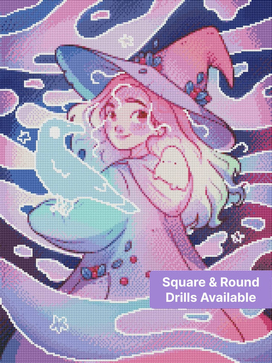 Cartoon witch girl with pastel ravens in a dreamy purple fantasy style