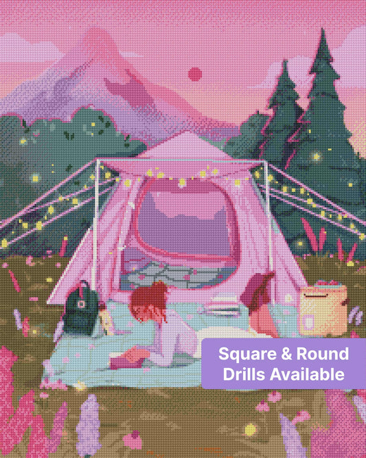 Pastel camping scene with pink tent, fairy lights, mountains, and a woman reading outside