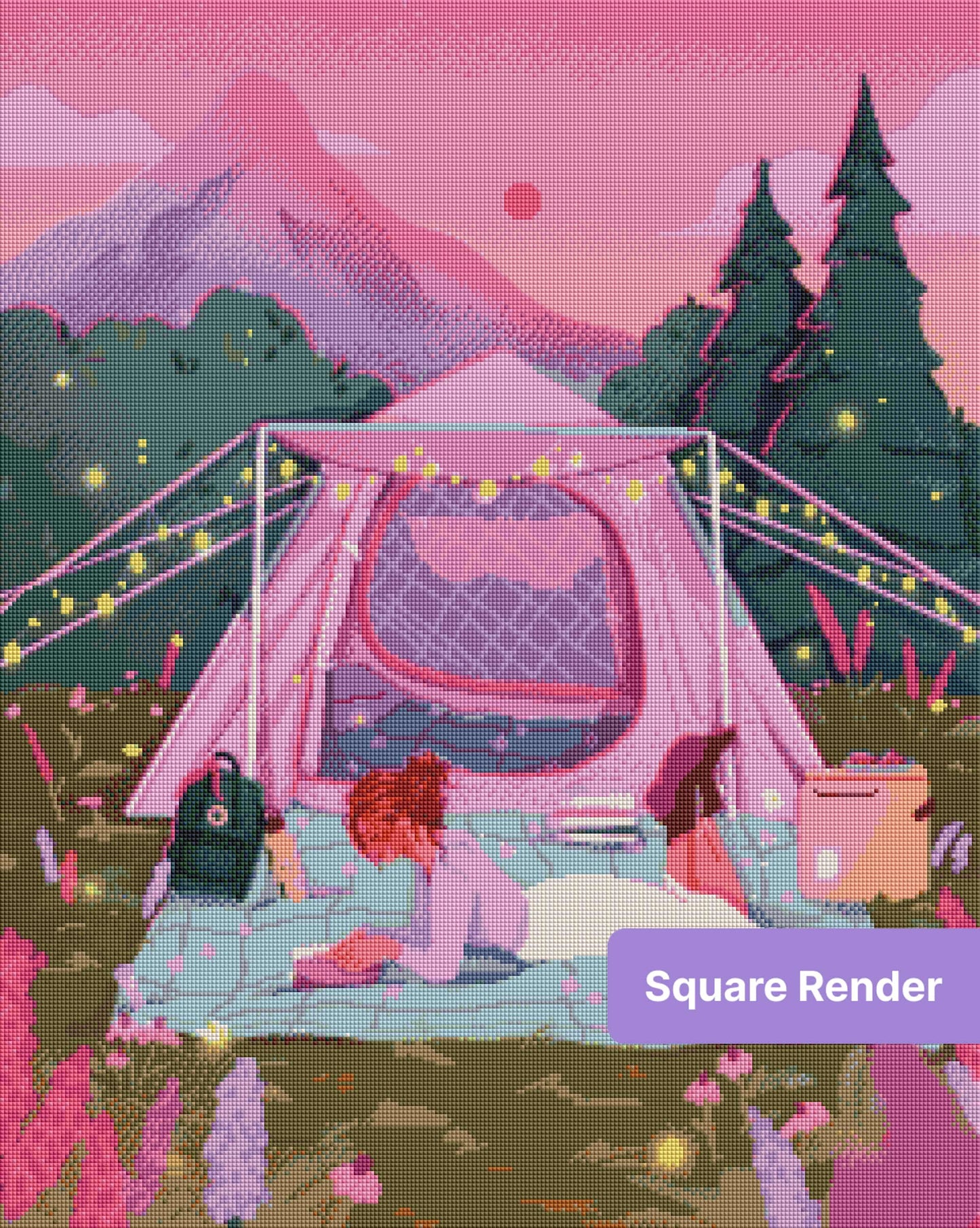 Pastel camping scene with pink tent, fairy lights, mountains, and a woman reading outside