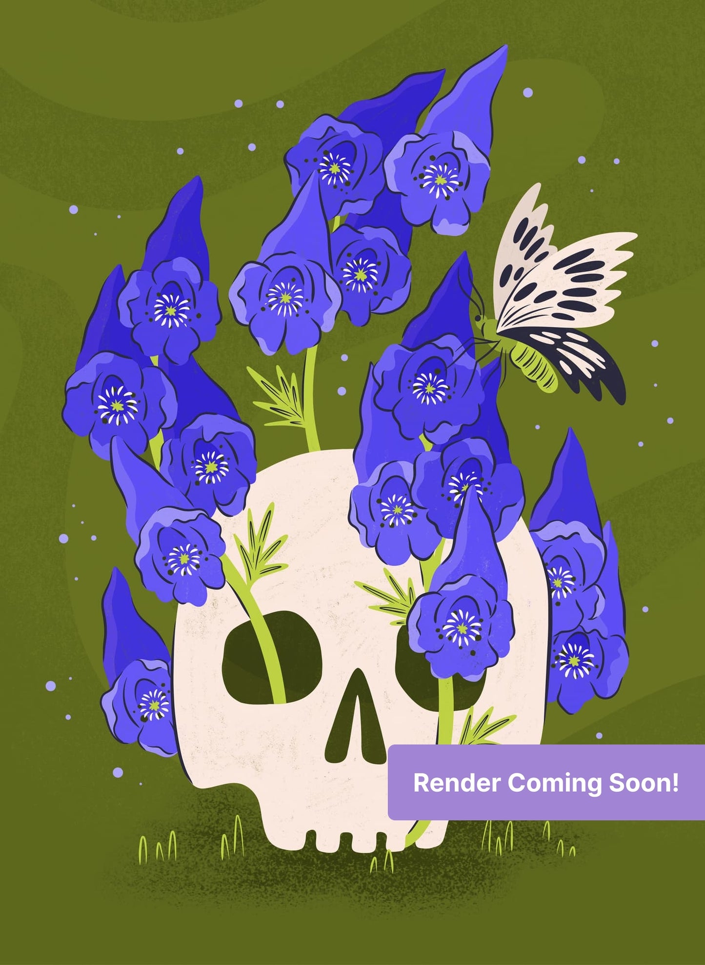 Stylized skull with purple flowers and butterfly in dark floral illustration