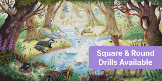 Whimsical woodland pond with deer, swans, owls, and forest animals in soft watercolor style