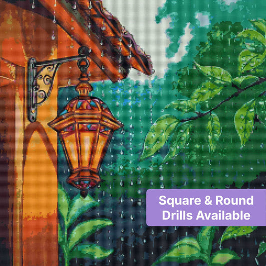 Glowing lantern beside rain-soaked leaves in a vibrant painted outdoor scene