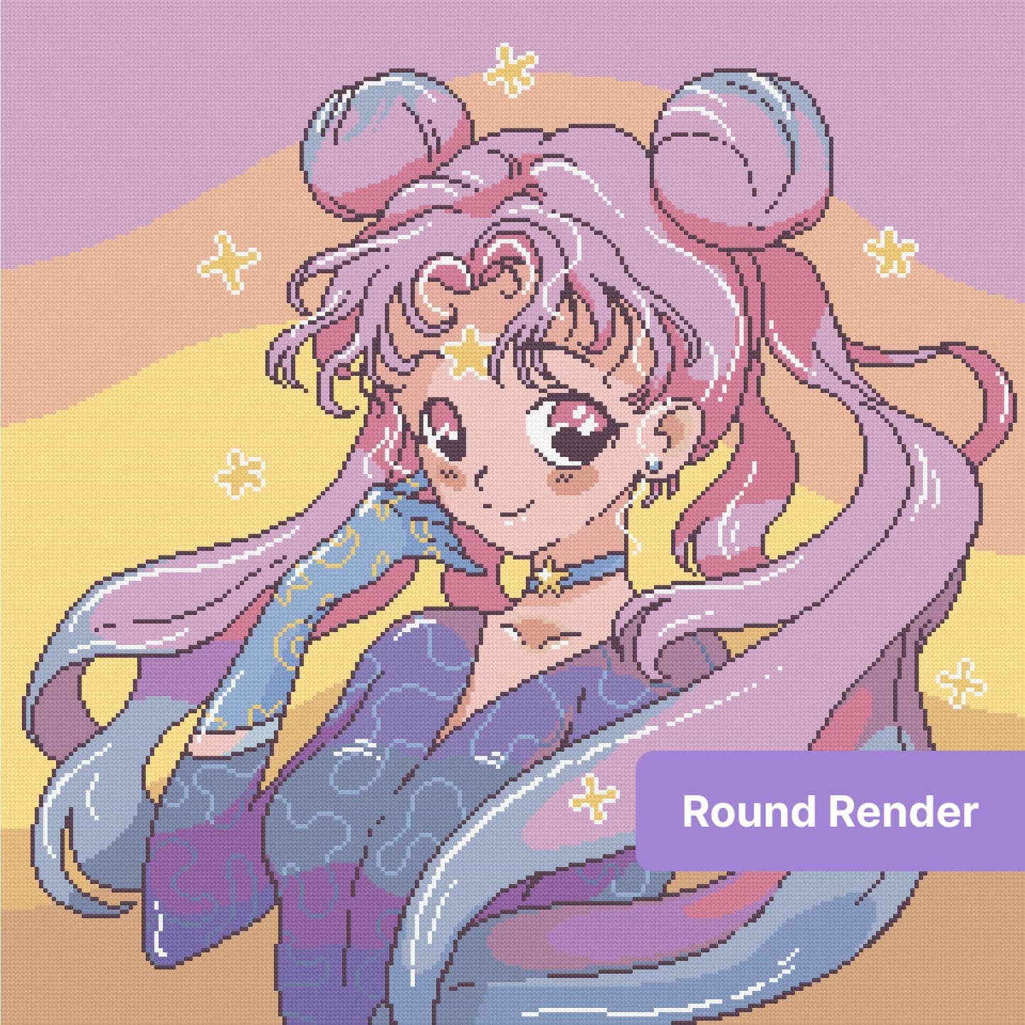 Cute anime girl with pink-purple hair, pastel colors, and star accents in kawaii style