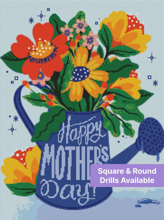 Floral watering can with bright flowers and Happy Mothers Day text in colorful whimsical style