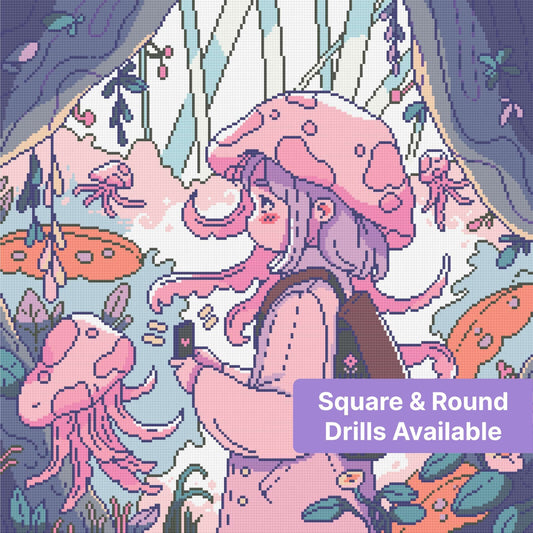 Cute mushroom girl in a pastel fantasy forest with flowers, vines, and jellyfish-like mushrooms