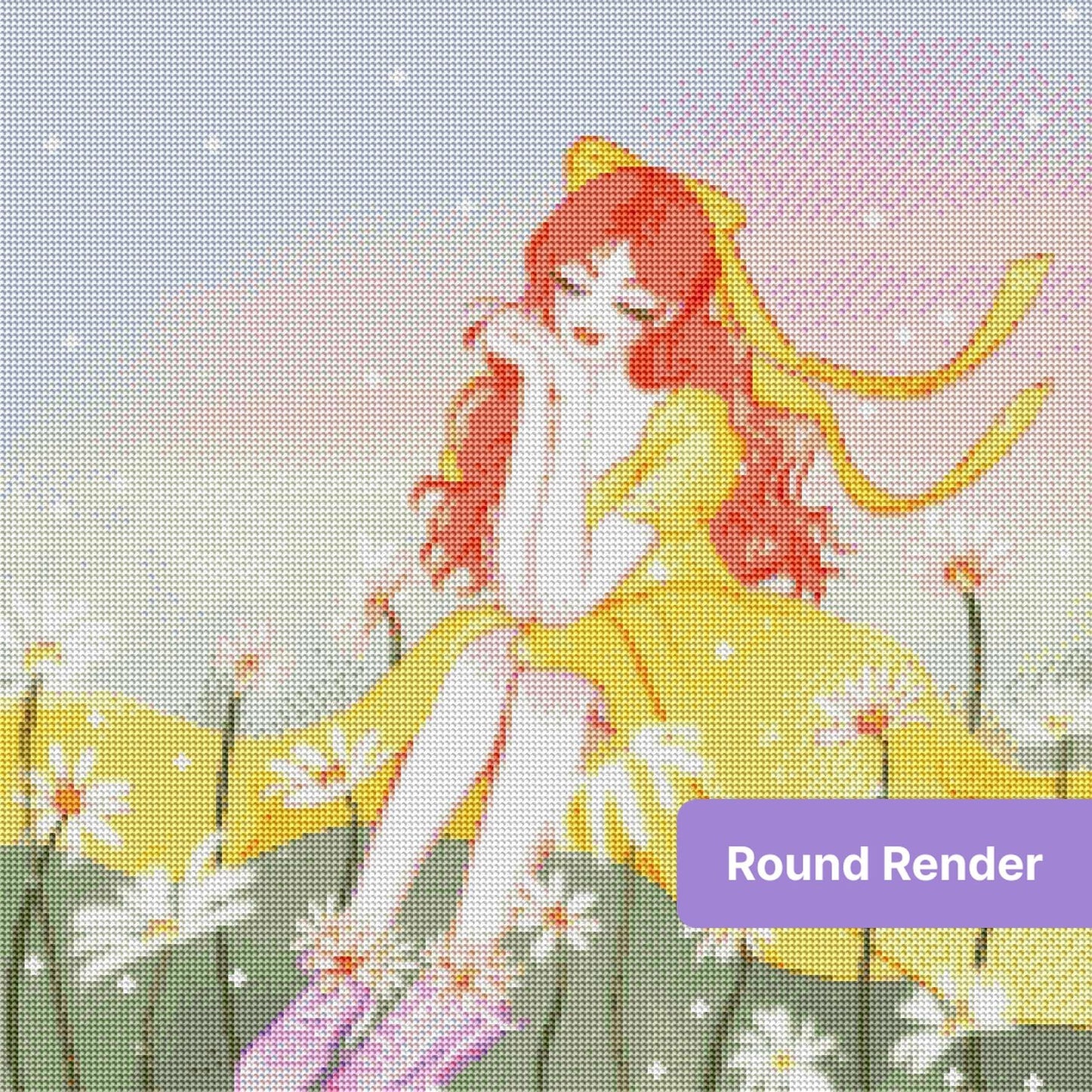 Pastel girl in yellow dress with daisies and soft fantasy sparkles